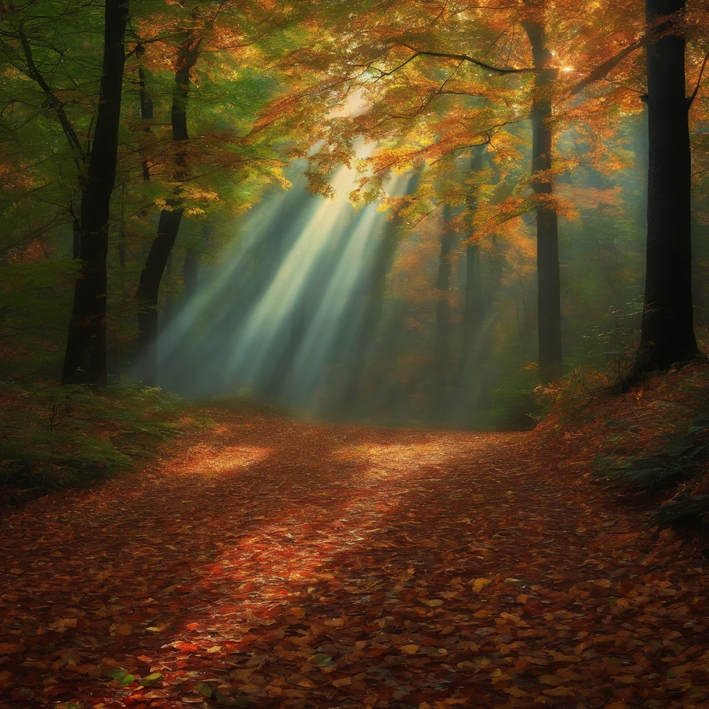 A forest rain rays falling leaves