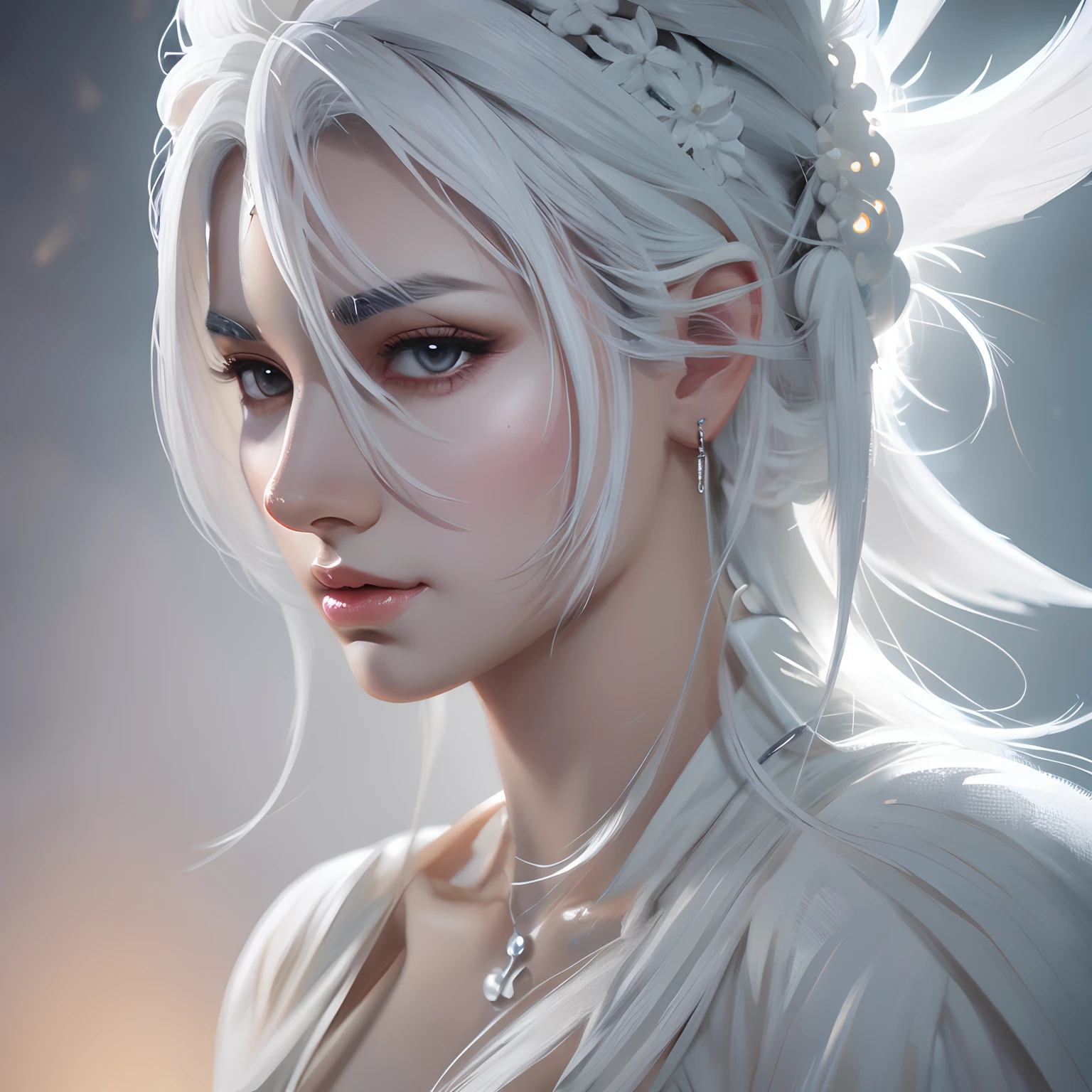 Close up portrait of woman with white hair and white mask, beautiful figure painting, Guvitz, Guwiz style artwork, white haired god, By Jan J, Magnificent Fine Character Art, Stunning character art, Fan Qi, Wu Jun Sifan, Gwiz at Pixiv Art Station, (NSFW: 1.0)