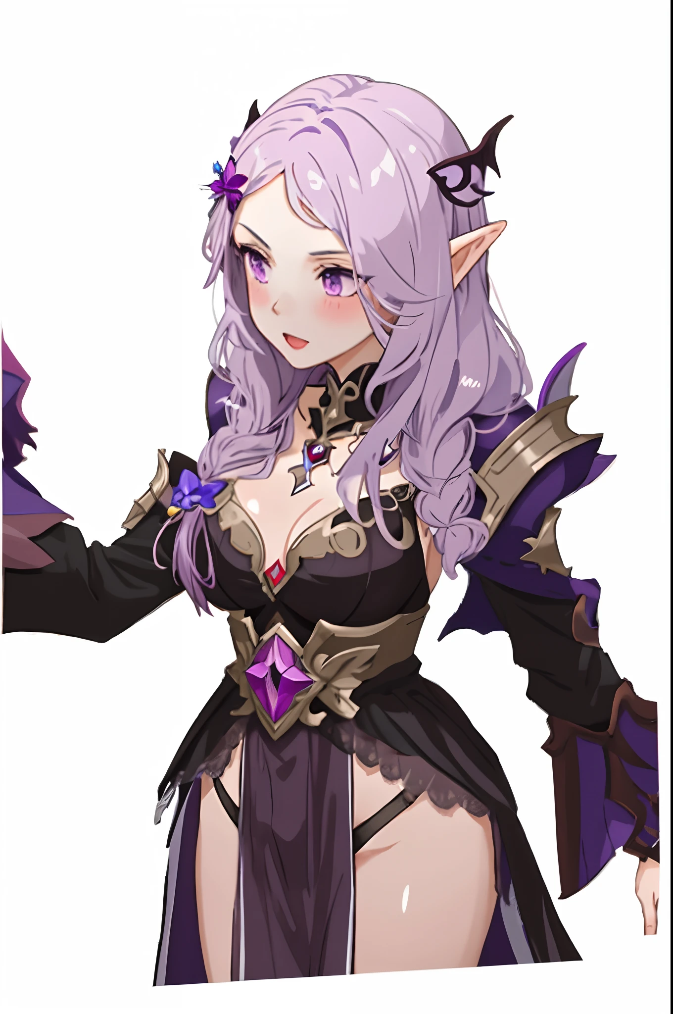 A woman with purple hair and a purple dress holds a sword, dark elf princess, fuchsia skin below the armor, fuchsia skin beneath the armor, succubus in tight kilt, Dark Elves, wearing dark purple armor, Dark Elf Maiden, dark fae, sharp silver armor fuchsia skin, fairy queen, evil sorceress, Dark Witch