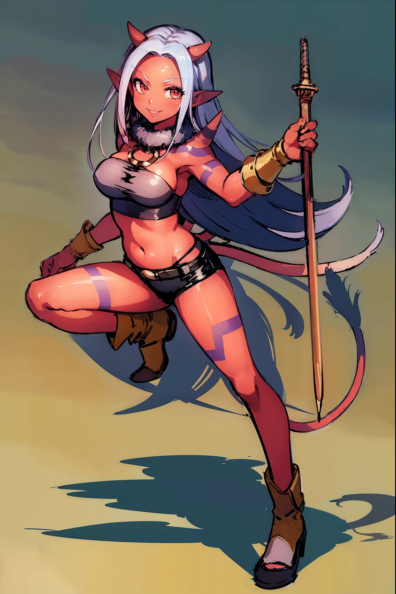 (masterpiece, best quality:1.2), cowboy shot, solo, 1girl, dq10ogre, colored skin, red skin, smile, looking at viewer, holding rapier, tube top, black shorts, jewelry, spikes, tail, full body