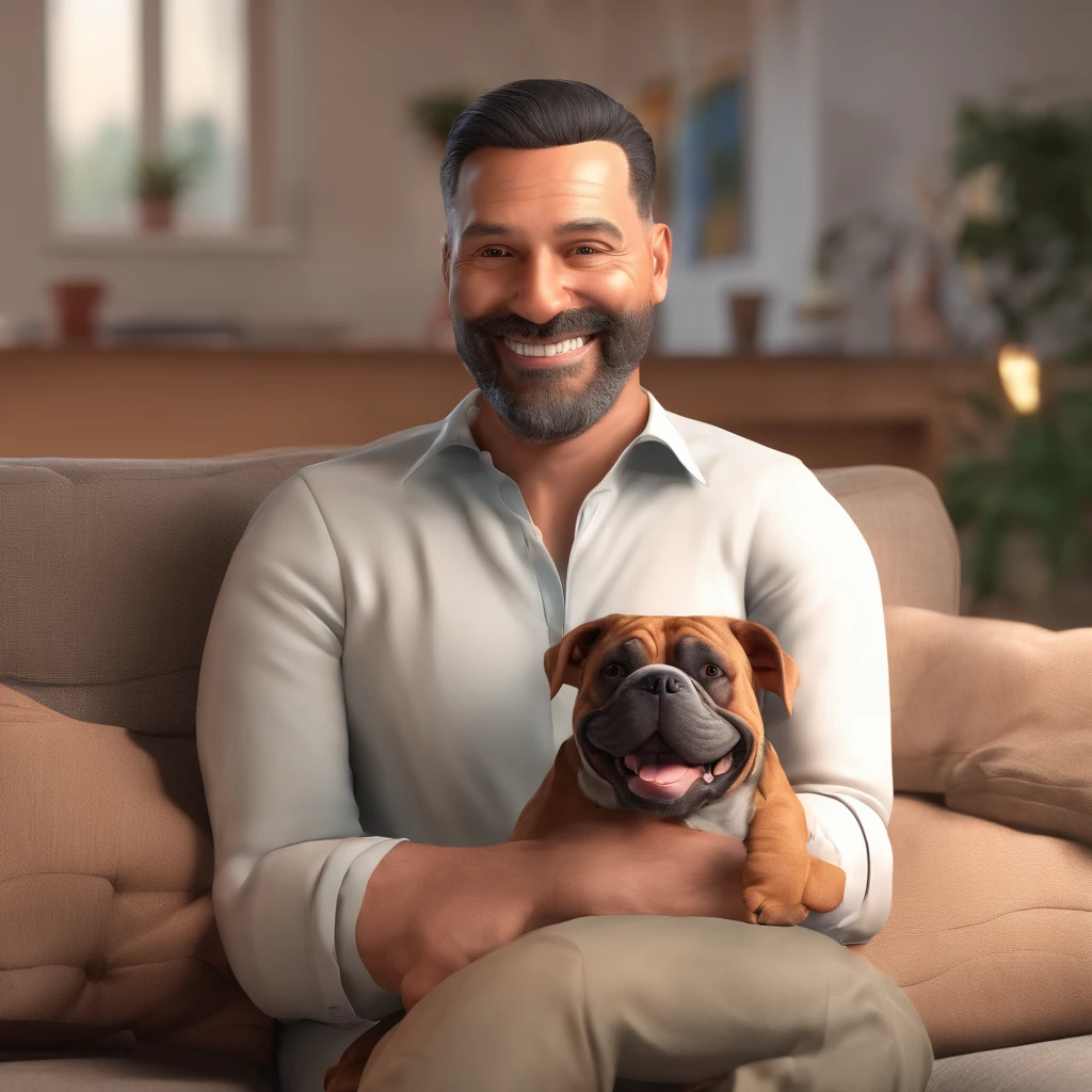 Romulo is a smiling 42-year-old human man, com seu fiel amigo, Apolo, um cachorro American Bully, sitting on the couch