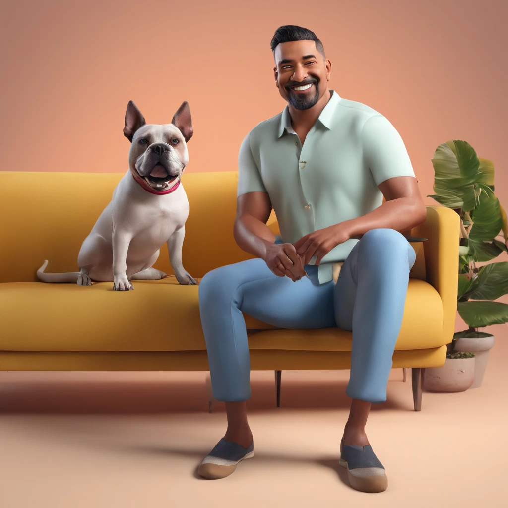 Romulo is a smiling 42-year-old human man, com seu fiel amigo, Apolo, um cachorro American Bully, sitting on the couch