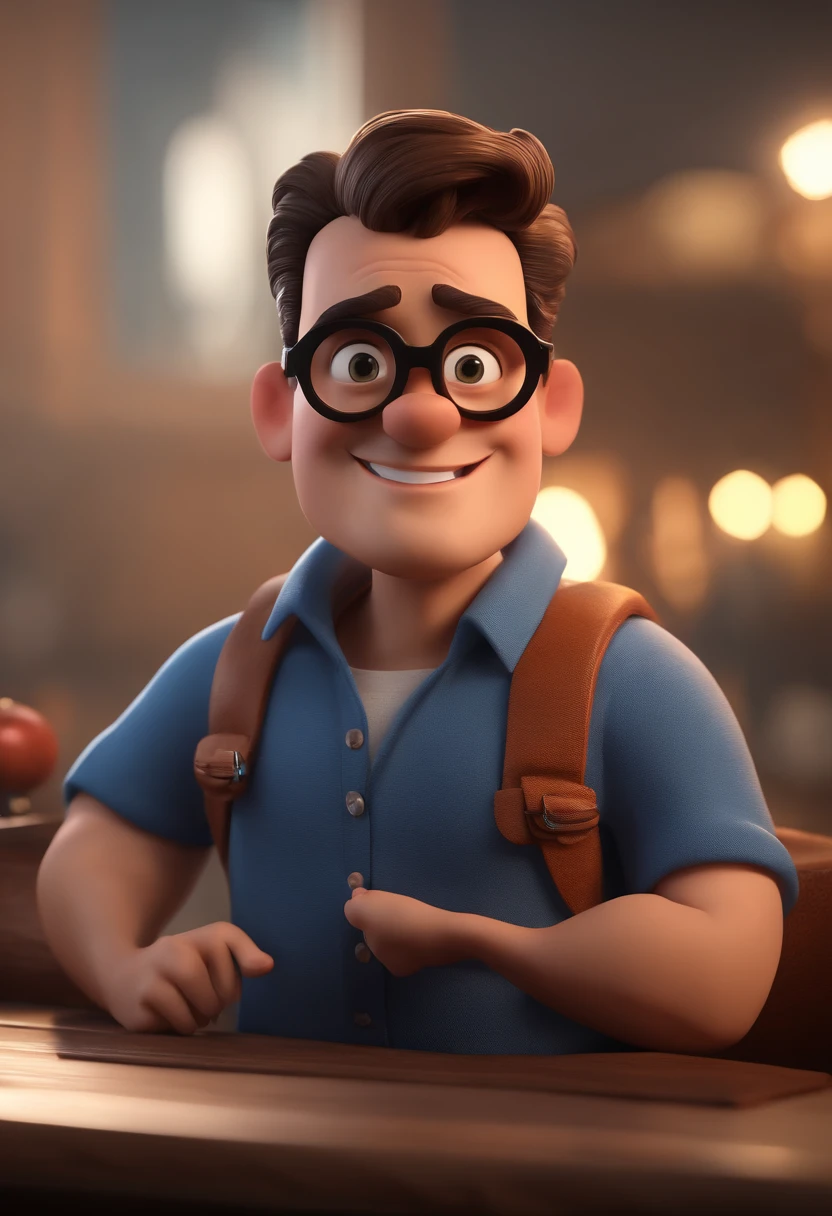 Cartoon character of a man with black glasses and a blue shirt, animation character, Caractere estilizado, animation style rendering, 3D estilizado, Arnold Maya render, 3 d render stylized, toon render keyshot, Personagem 3D, Personagem 3D, 3d rendering stylized, 3 d character render, personagem de desenho animado, Personagem de close up, Pose de personagem,  (Estilo Pixar) (master part:1.2) (Bokeh) (best quality) (pele detalhada) (textura detalhada) (8k) (argila) (Cinematic lighting) (foco nítido