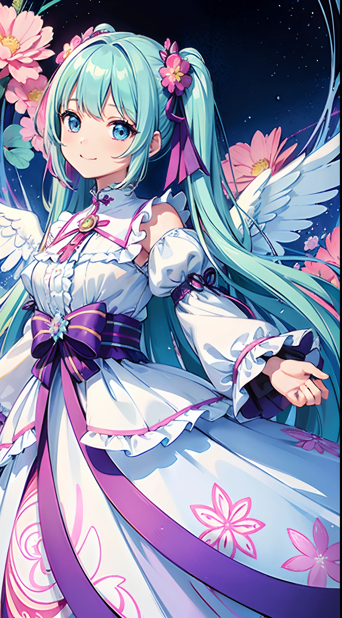 (​masterpiece、top-quality、top-quality、Official art、Beautifully Aesthetic:1.2)、(1girl in:1.3)Light blue long hair、Twin-tailed、adorable smiling、ighly detailed、(Fractal Art:1.1)、(colourfull:1.1)(florals:1.3)、highestdetailed、(Zentangle:1.2)、(dynamicposes)、(Abstract background:1.3)、(shinny skin)、(Many colors:1.4)、、(耳Nipple Ring)、(pluma:1.5)、White background、Phoenix dress、Angel wings shining in seven colors、1 kawaii girl、adorable smiling、Twin tails with long light blue hair、Colorful angel costume in lolita style with ruffles、A blizzard of fluttering flowers(Some photos)、((top-quality))、((​masterpiece))、(ighly detailed、highestdetailed、Official art、Beautifully Aesthetic:1.2)