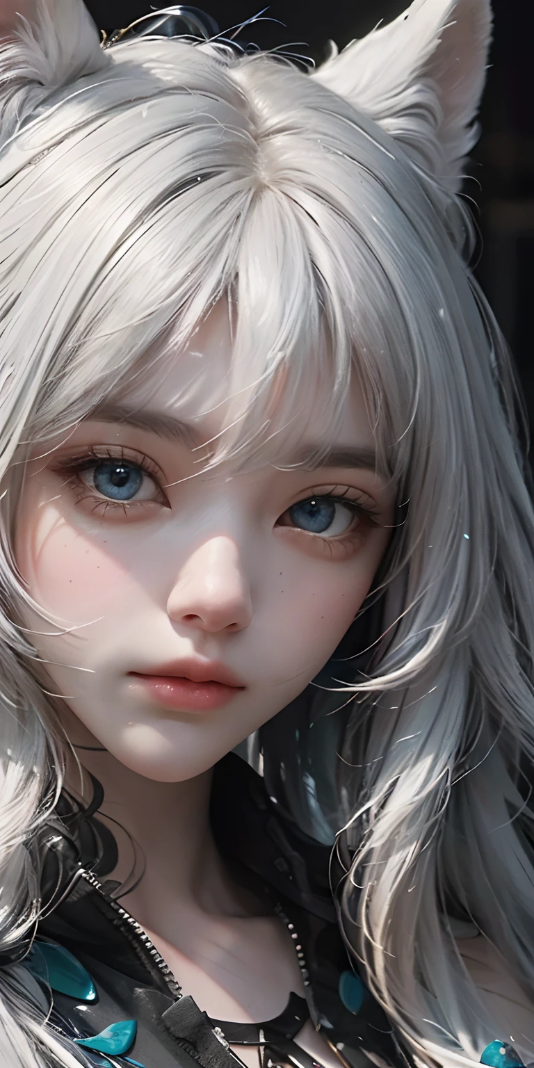 ultra-detailed, white hair, long hair, dog ears, aqua eyes, highres, masterpiece, bangs, straight hair, girl