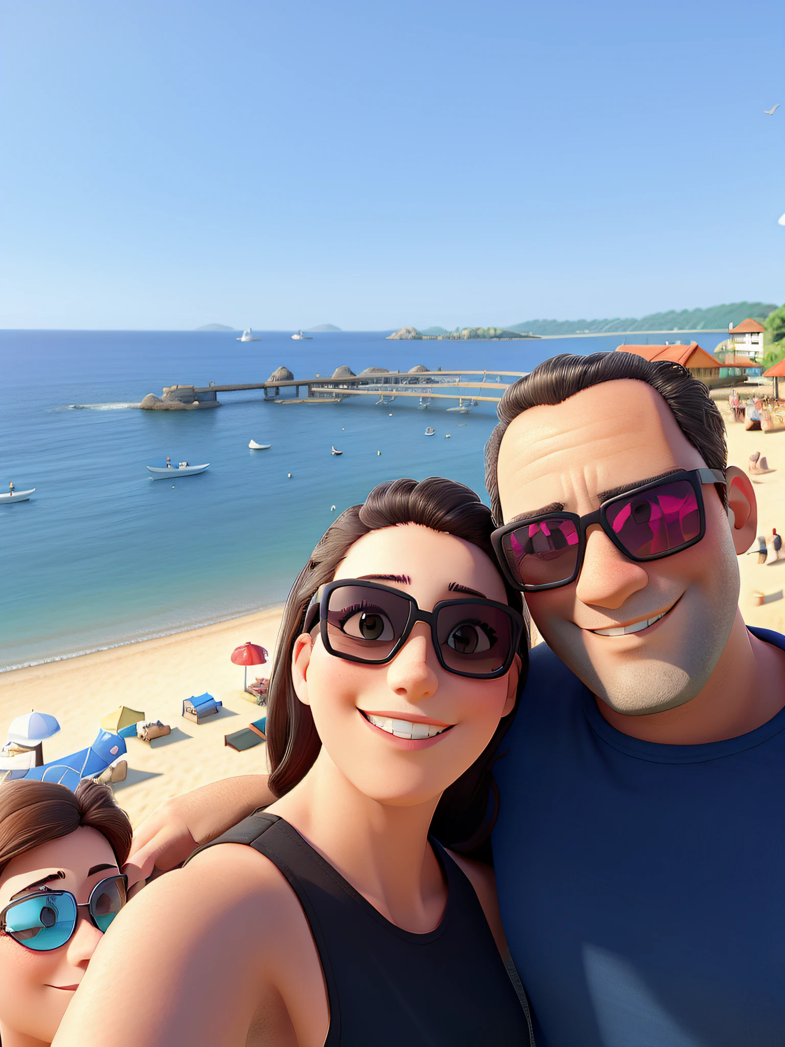 Couple woman and man sunglasses landscape on beautiful beach background