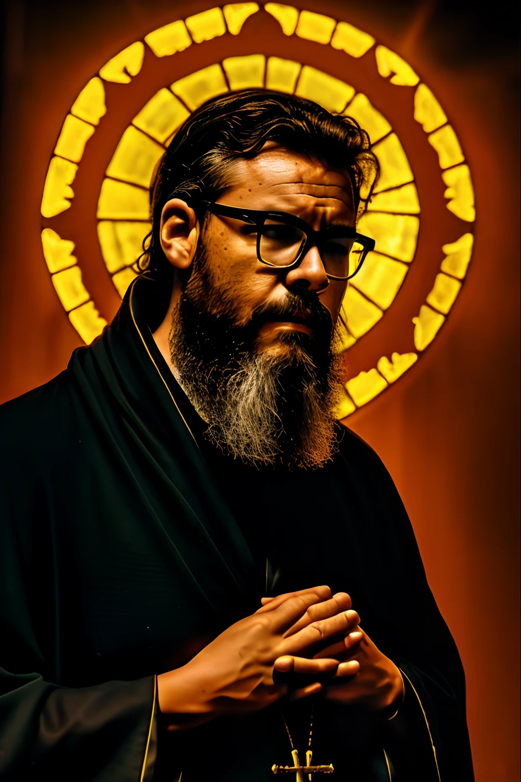 Create a half-body frontal portrait of a man with glasses and a lumberjack-style beard, with his (((hands in prayer close to his chest)). He will be dressed in a black robe in the style of Jesus. The background will be a blurred image of a Gothic church. Depict this man as a saint, surrounded by a luminous aura around his body, with low-key chiaroscuro lighting.