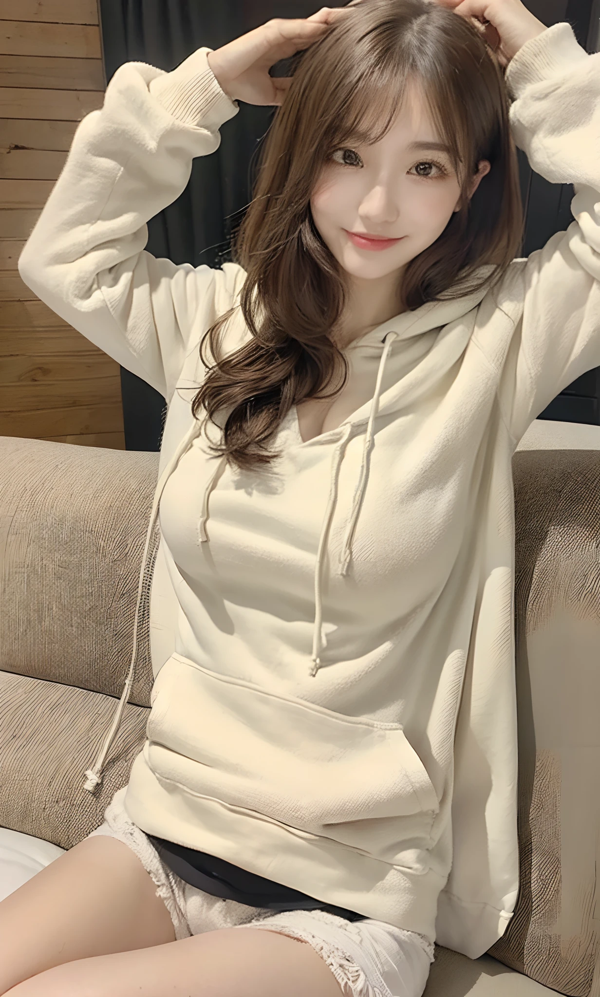 ((Realistic lighting, best qualtiy, 8K,White hoodie hoodie,huge tit,Arms raised)), White hoodie hoodie,foco nítido:1.2, 1girl in, Beautiful Women in Perfect Figure:1.4, Slim abs:1.1, ((dark brown hair)), (White hoodie:1.4),(sofas,sofas:1.1),Ultra-fine face,Ultra-fine eyes,二重まぶた,Smile