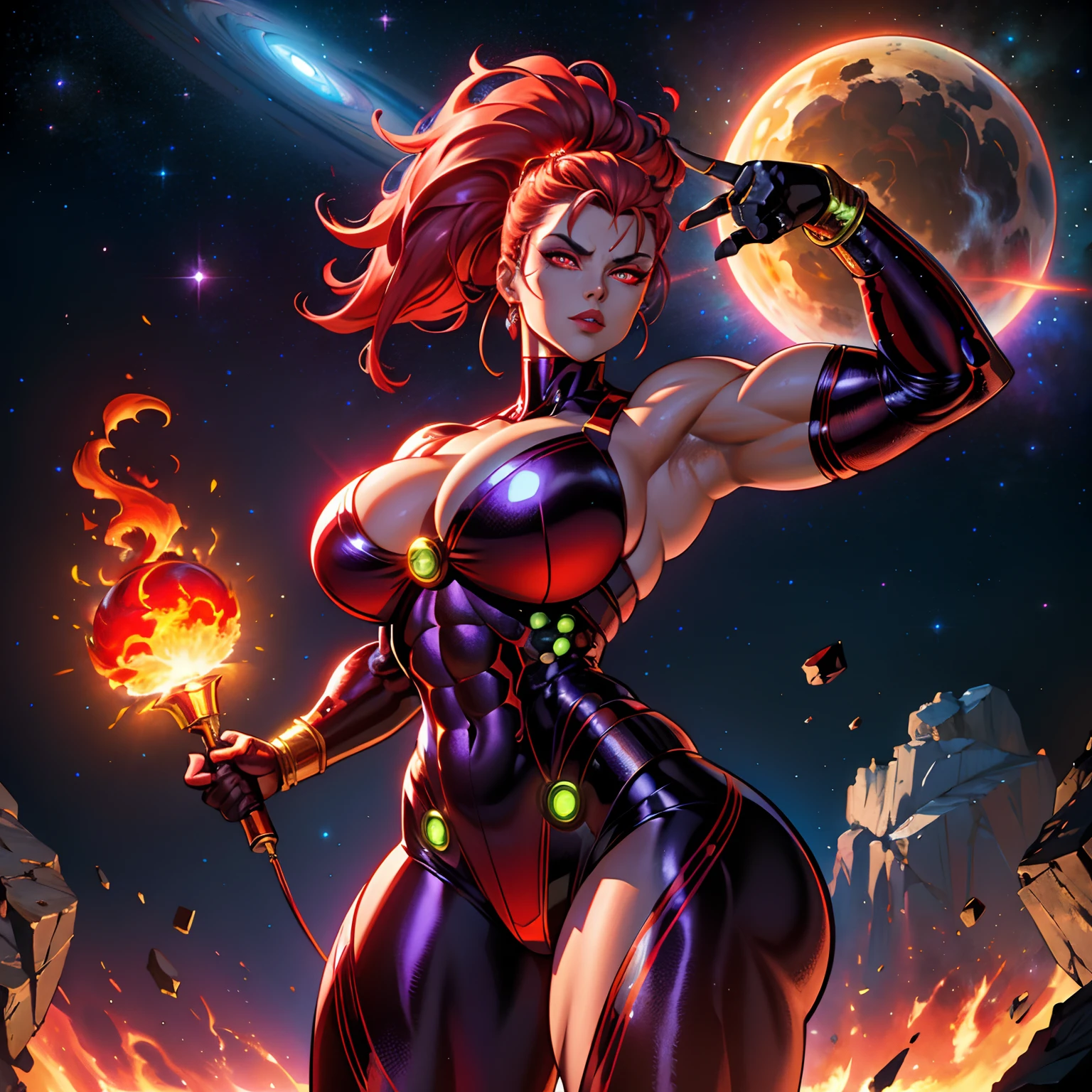 ((masterpiece)), ((8k resolution)), ((a female super villian)), huge, metallic, red eyes, in space planet, muscular, strong, (((4k))), ((((highly detailed)))), strong, aura, glow, neon, fire, destruction, weapons, crystals