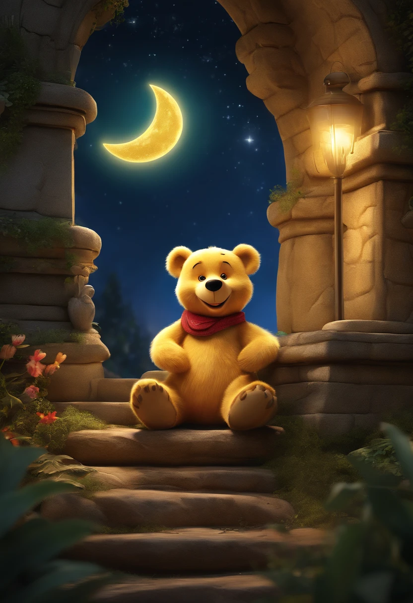 (disney,charming round shape,yellow bear,cheerful playfulness,smiling moon) (best quality,ultra-detailed,photorealistic:1.37),vivid colors,soft lighting