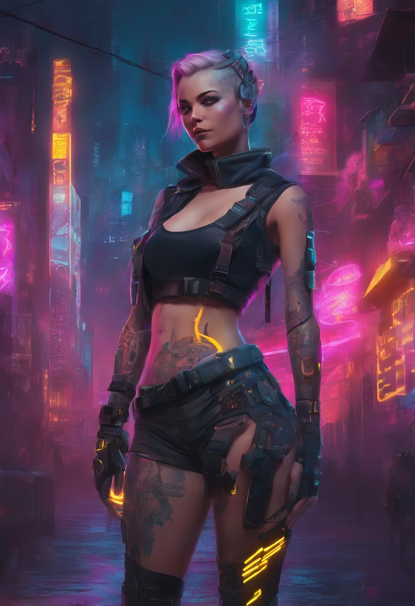 cyberpunk girl, Stadtbild, Neonlichter, Arm-Tattoos