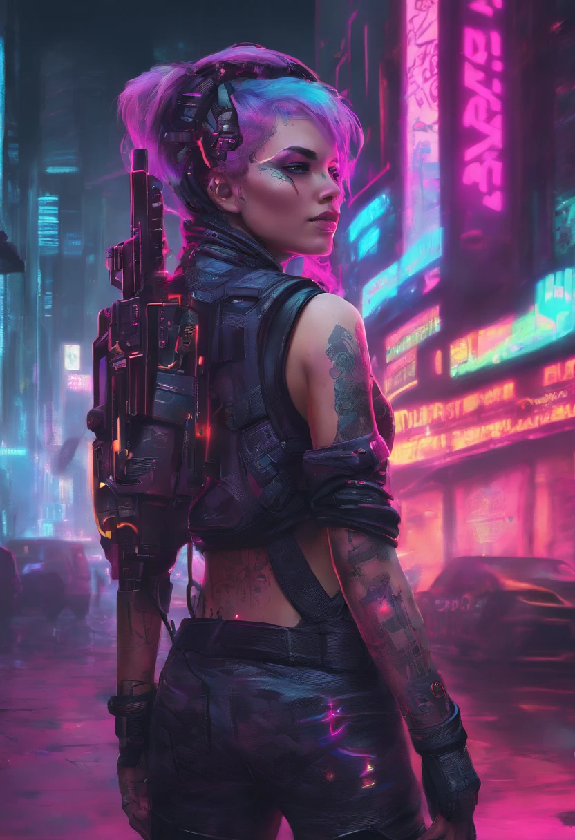 cyberpunk girl, Stadtbild, Neonlichter, Arm-Tattoos