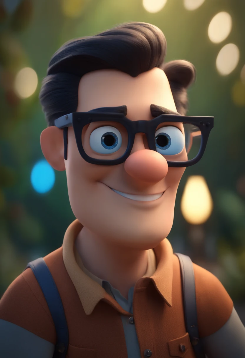 Cartoon character of a man wearing black glasses and a blue shirt, um personagem animado, Caractere estilizado, animation style rendering, 3D estilizado, Arnold Maya render, 3 d render stylized, toon render keyshot, Personagem 3D, Personagem 3D, 3d rendering stylized, 3 d character render, personagem de desenho animado, Personagem de close up, Pose de personagem, (Estilo Pixar) (master part:1.2) (Bokeh) (best quality) (pele detalhada) (textura detalhada) (8k) (argila) (Cinematic lighting) (foco nítido,Senta e vaza a parte superior do corpo