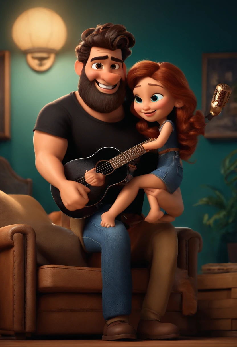 Criar cartaz de filme estilo Disney Pixar  em 3d, Homem alto, gordo com camiseta preta, Denim Jeans Pants, botina militar cor areia, cabelo curto com topete, Visible beard patch on right cheekbone, singing and playing a Black Folk guitar with the title Singing Life