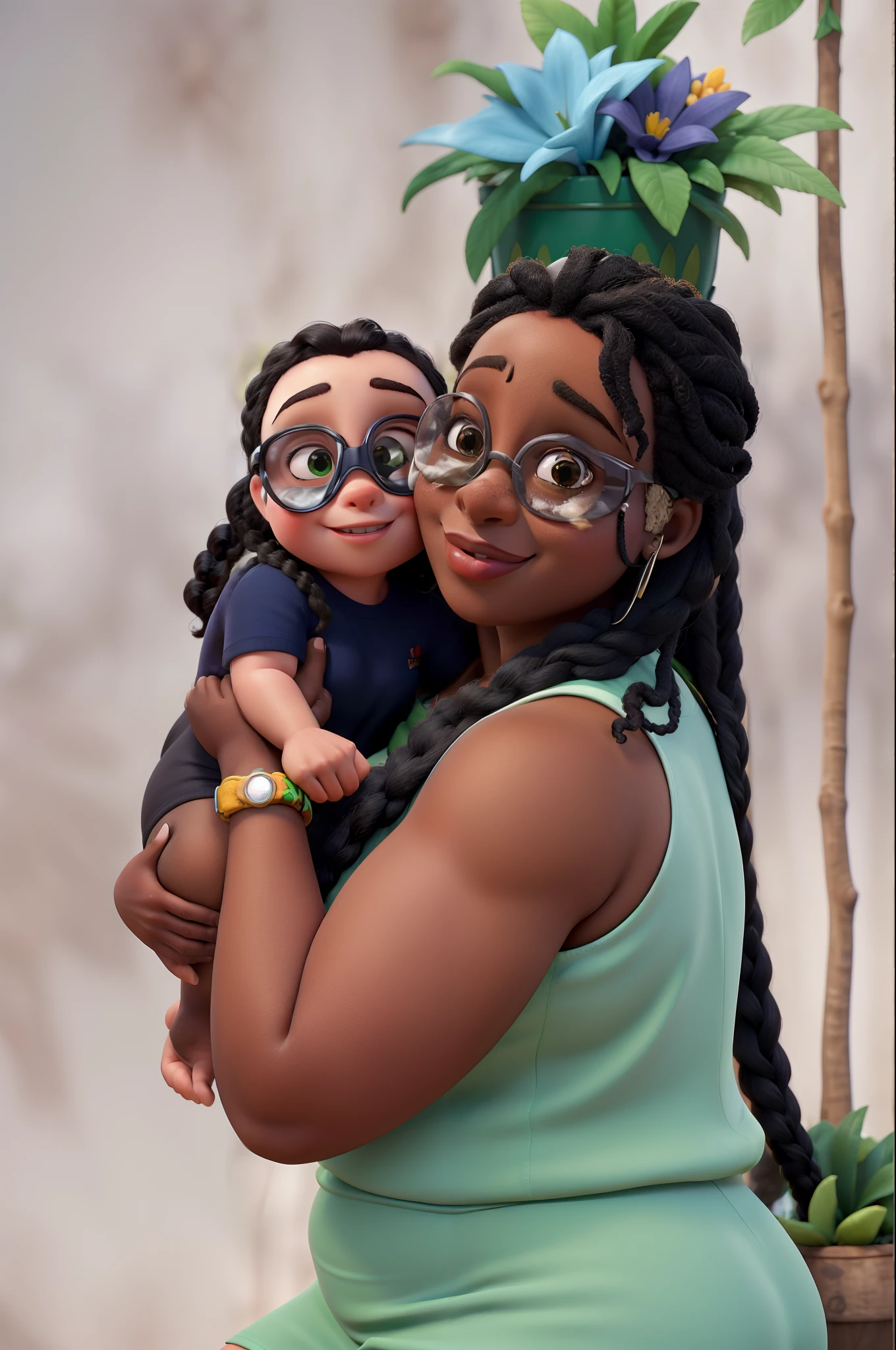 Mulher, pele negra, wearing goggles, corpo gordo, com vestido verde, with baby on your lap, Lap baby , com a pele branca cabelo liso castanho claro, with forest background with trees and flowers