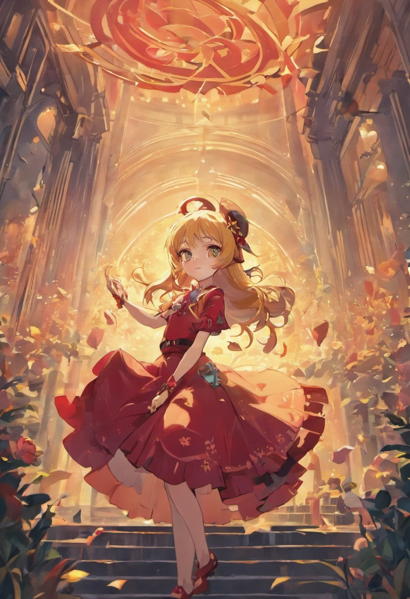 mulher de araffe em um vestido vermelho,  Jovana Rikalo, Anna Nikonova aka Newmilky, usando um vestido vermelho, como uma escritora, em um mundo de fantasia, With a book and a pen in his hand, com uma paisagem de fantasia ao funto, com personagens de fantasia em volta dela, In cartoon illustration style