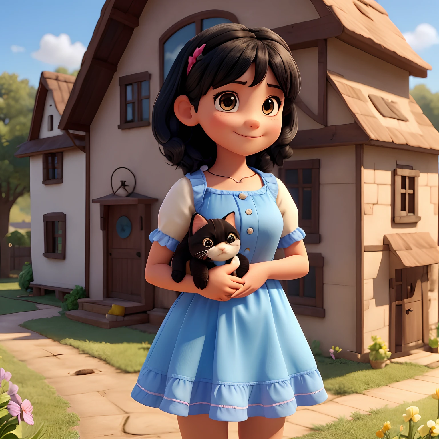 A girl with black hair in a blue dress with a small breast with is smiling with a kitten on her arm and behind her a house with a garden full of frores