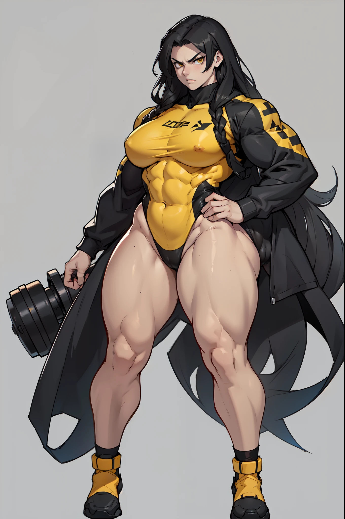 ((grey background))  pale skin black hair yellow eyes (very long hair) angry ((1 girl muscular toned body bodybuilder curvy wide hips thick thighs)) (solo full body) standing (long sleeves leotard)