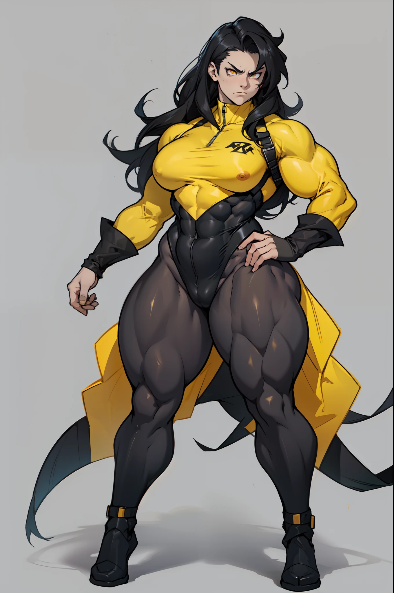 ((grey background)) pale skin black hair yellow eyes (very long hair) angry ((1 girl muscular toned body bodybuilder curvy wide hips thick thighs)) (solo full body) standing (long sleeves leotard)