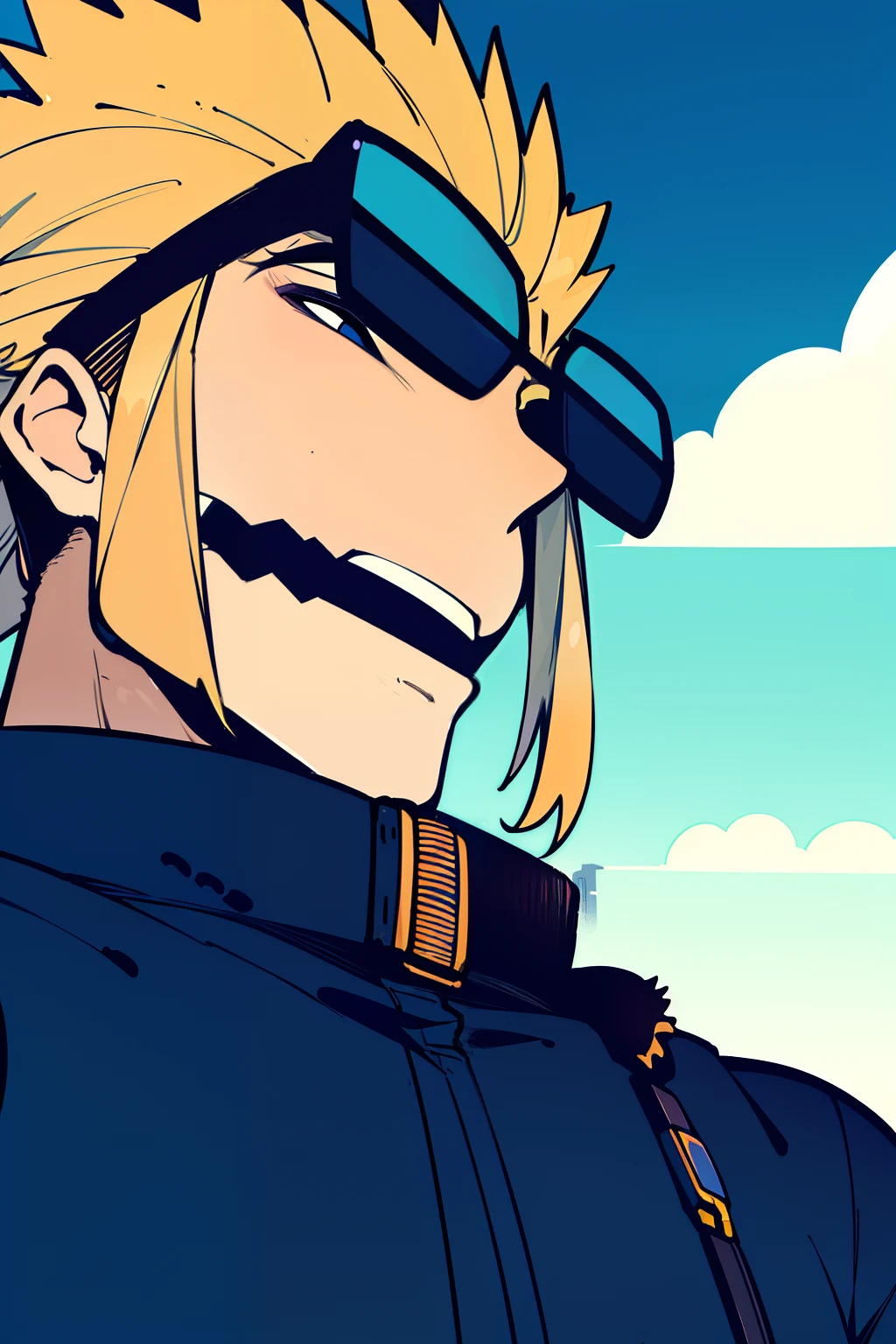 1boy ,solo,    detailed eyes,   masculine face, urban area ,  modern building , sunglasses, vast blue sky, clouds,  morning, sunny, muscular male, detailed background,    uzumaki naruto,