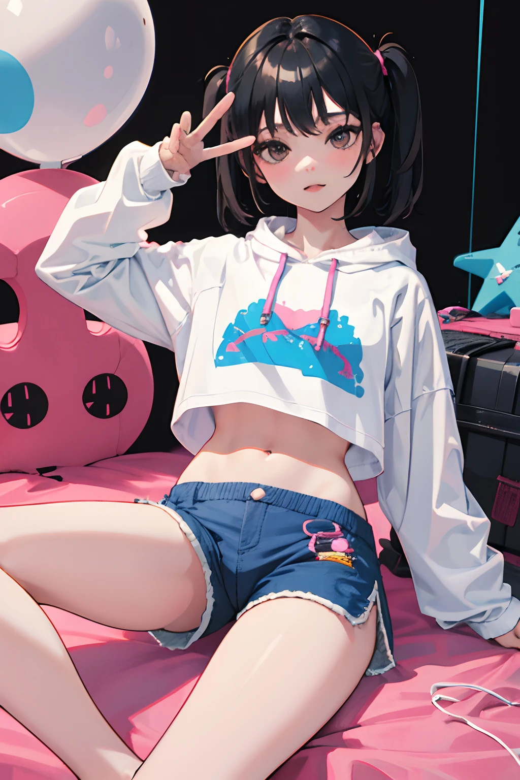 (),(masterpiece,Highest Quality),Crop Top Look,Pastel Hoodie,(Gingham Check Shorts),A dark-haired,Twin-tailed,World of toys