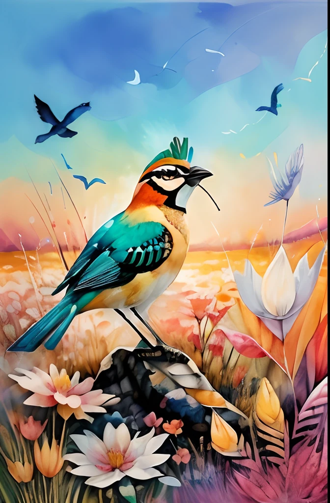 (The bird:1.5)， sunraise， flower  field， Alcohol ink and impala mixed painting， blasts，
yang08k，big breasts beautiful，Colorful，
tmasterpiece，top-quality，best qualityer，offcial art，Beautiful and beautiful，