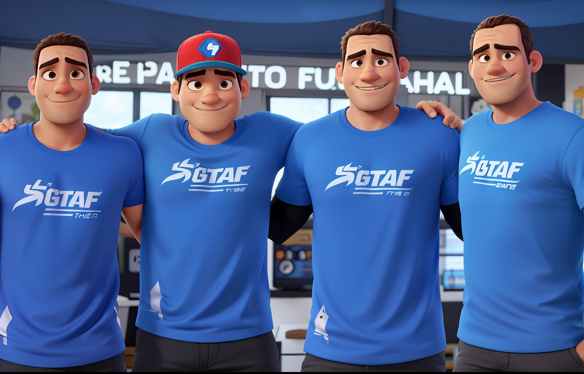 quatro homens estilo pixar, Respect the physical characteristics of each of the men in the photo. They're wearing blue t-shirts and black shorts. On the t-shirt is printed "GTAF".