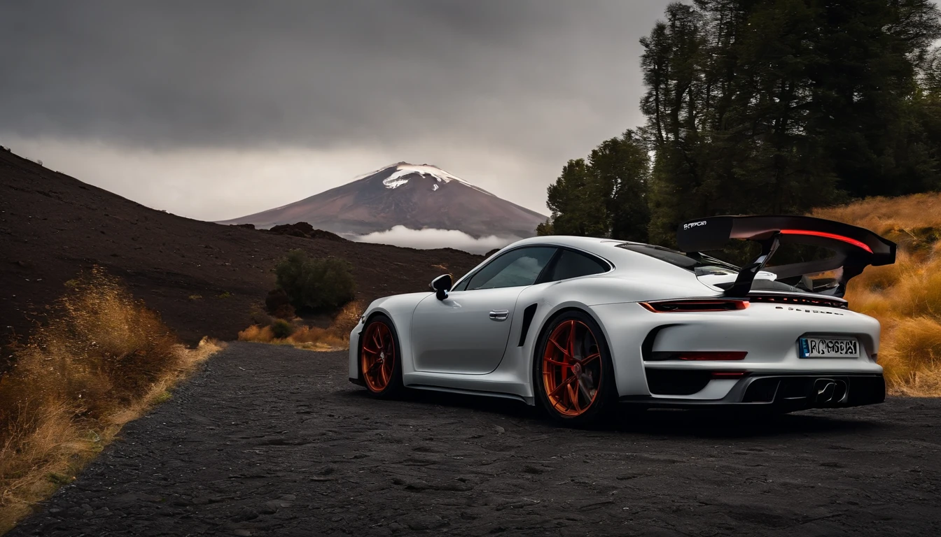 Pumping a Porsche GT3 992 at Mount Etna, Behind it is a volcanic landscape