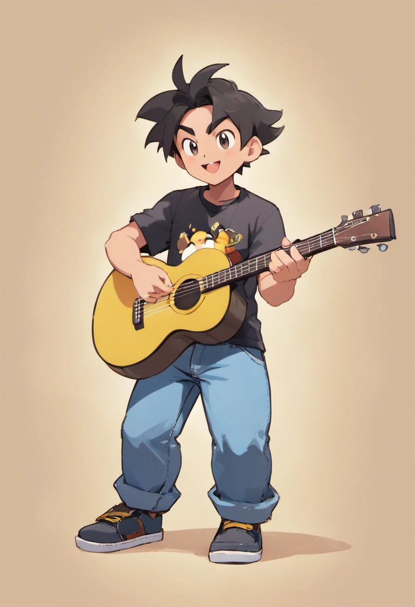 Criar cartaz de filme estilo Disney Pixar em 3d, Homem alto, gordo com camiseta preta, Denim Jeans Pants, botina militar cor areia, cabelo curto com topete, barba, singing and playing a Black Folk guitar with the title Singing Life
