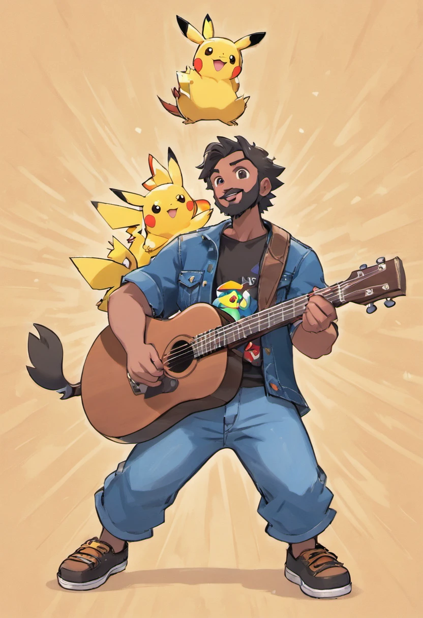 Criar cartaz de filme estilo Disney Pixar em 3d, Homem alto, gordo com camiseta preta, Denim Jeans Pants, botina militar cor areia, cabelo curto com topete, barba, singing and playing a Black Folk guitar with the title Singing Life
