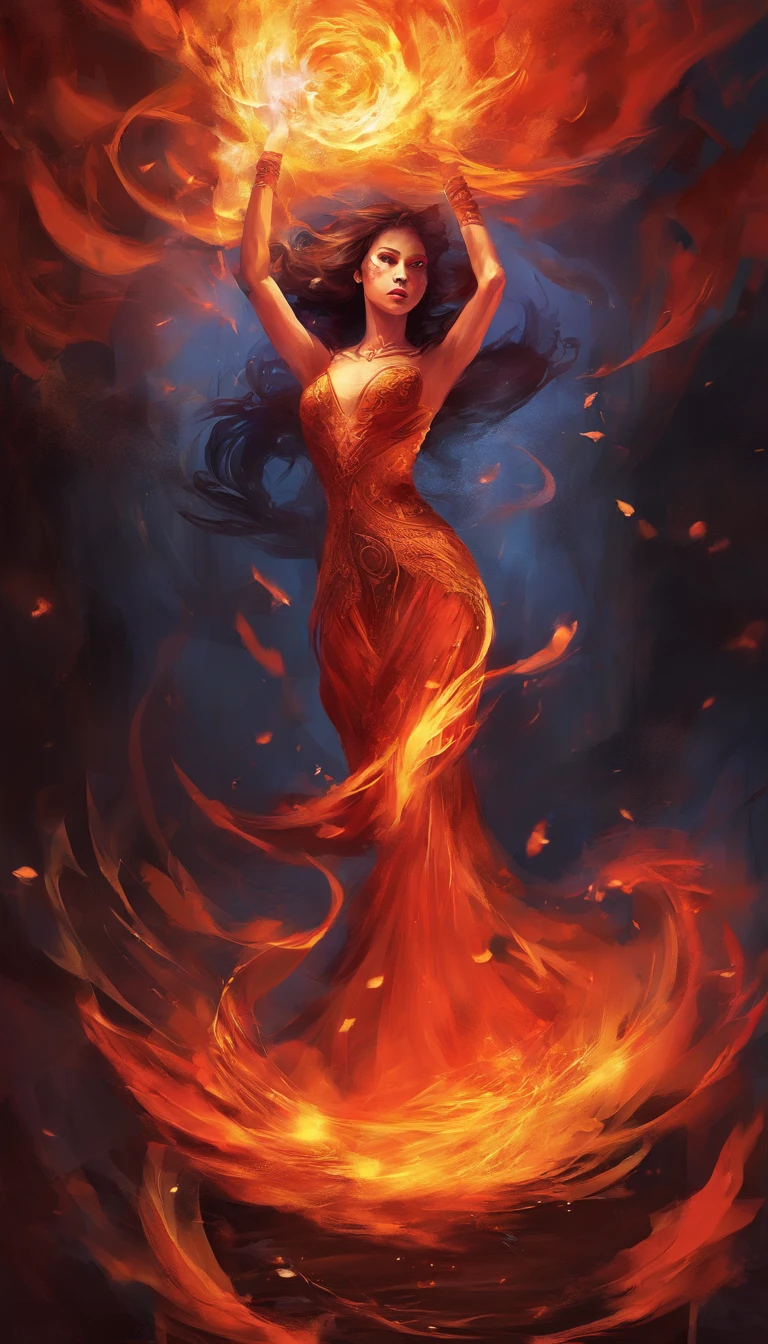 A fire sprite (cute woman, patches of flame dance on her skin, sheer flaming dress very revealing, light red skin, deep red eyes, flame hair), seductive graceful dance, setting woods aflame