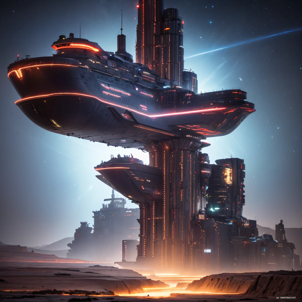 The Great Rift Valley region of the Mo River alluvial plain of Mars，Rock Sugar Onyx Nuclear Power Command Gunship Platinum Cruiser Taxue Red Marble Glow Gunboat Space Station 1:3 Models，mid day，Cyberpunk art of a，Rembrandt light，Detail portrayal，macro shot，surface reflection，high definition detail，Dingdall effect，Light and shadow intensification，The light shines，particle fx，3D modeling，Surface reflected light，detail-rich，Onyx crewneck gunboat