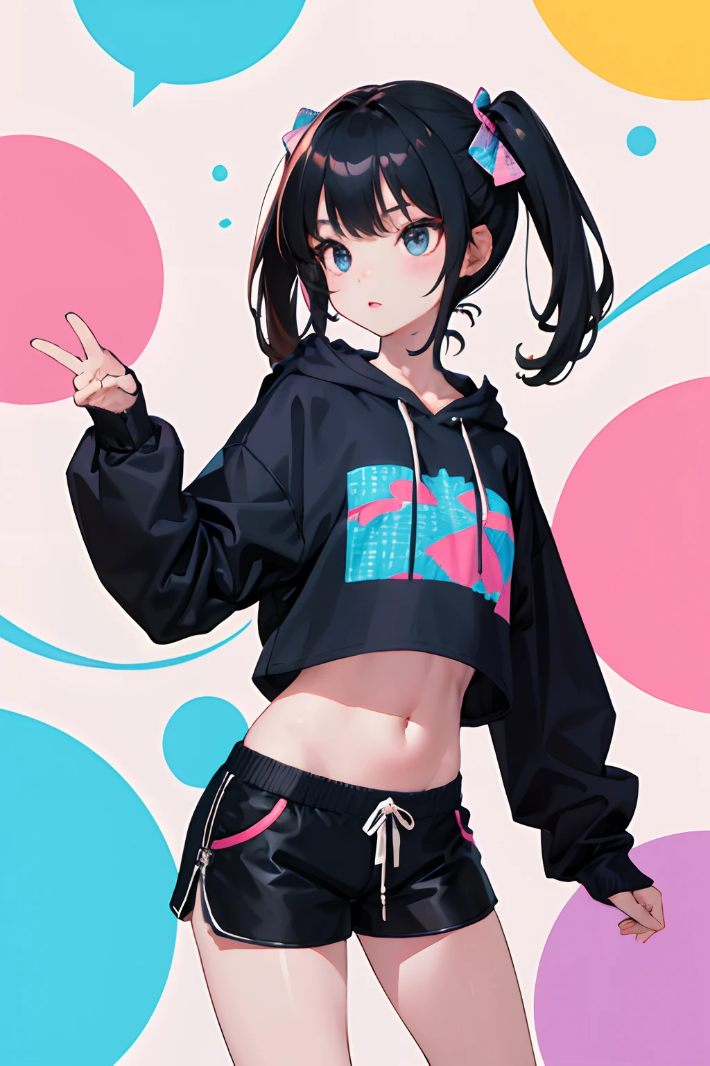 ()，（​masterpiece，Highest Quality），Crop Top Look，Pastel Hoodie，(Gingham Check Shorts)，A dark-haired，Twin-tailed，World of toys