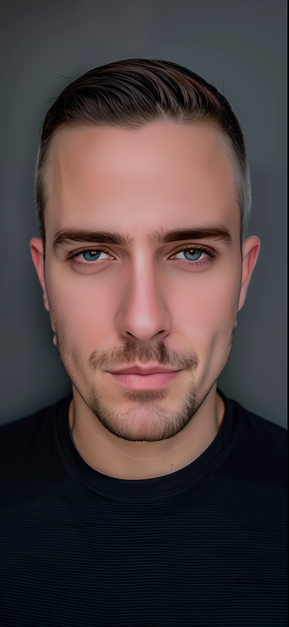 Homem com uma camisa preta e barba e uma camisa preta, full - rosto close - retrato para cima, rosto completo close up retrato, retrato de closeup headshot, cinematic headshot portrait, Retrato tirado 8 K, symmetrical front face portrait, staring directly at camera, head shoot, rosto realisticamente renderizado, Retrato close up do cara, staring directly at camera