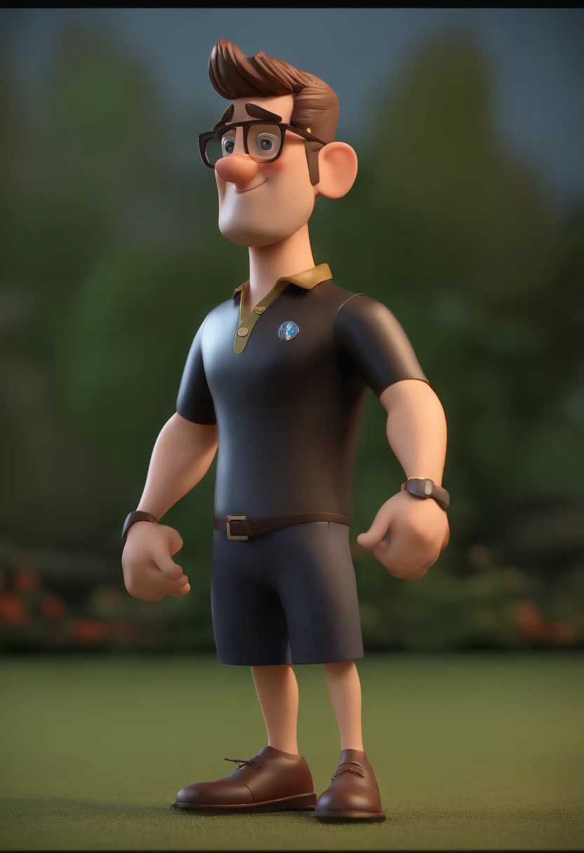 Cartoon character of a man with black glasses and a black polo shirt, cabelo liso, Com barba grisalha, animation character, Caractere estilizado, animation style rendering, 3D estilizado, Arnold Maya render, 3 d render stylized, toon render keyshot, Personagem 3D, Personagem 3D, 3d rendering stylized, 3 d character render, personagem de desenho animado, Personagem de close up, Pose de personagem, (Estilo Pixar) (master part:1.2) (Bokeh) (best quality) (pele detalhada) (textura detalhada) (8k) (argila) (Cinematic lighting) (foco nítido