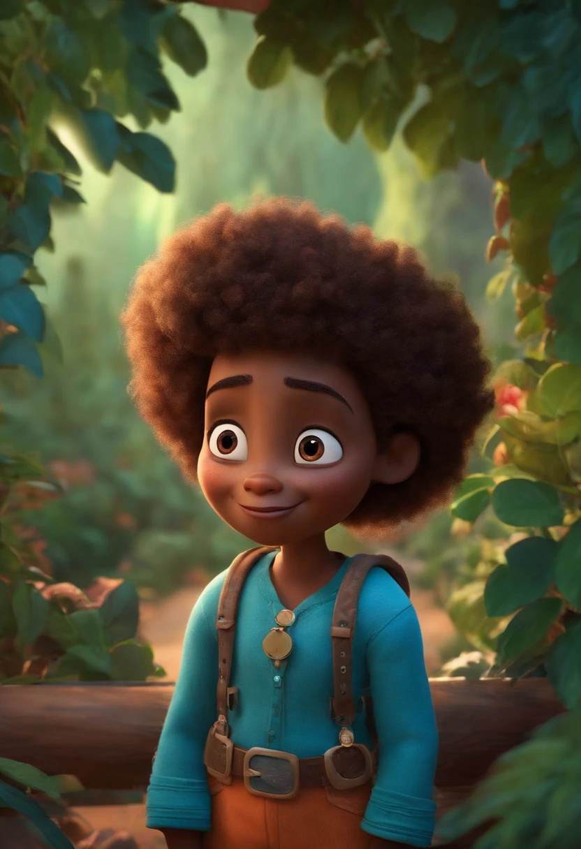 Criar uma personagem no estilo pixar no estilo Desbravador. personagem negra cacheada