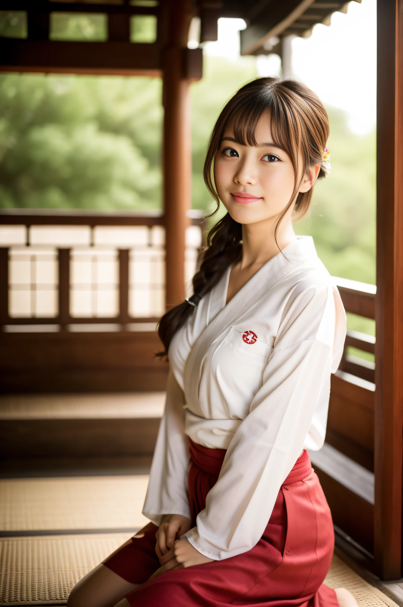 Nipple GA、 bignipple、 barechested、 (Super cute girl in S-class at a shrine who doesn't wear anything)、 In a loose white shirt and red skirt、 I was wearing a loose hakama、I can see bare feet、 Komono、 hakama kimono、 Wearing an intricate hakama、 Photo from the knee up、 (Highly detailed photos of CG Unity 8K)、 (The nakedness of S-class girls is very cute in every detail)、 (Photo Real)、 ((One Little Lolita S Class Girl))、 ((top-quality))、 ultra-detailliert、 masterpiece、 (roundly eyes)、 breasts are slightly larger,、 viewer、 Woman with a gentle atmosphere、 Very beautiful straight hair、 Bright photo、 Fresh ultra-real person、 20yr old