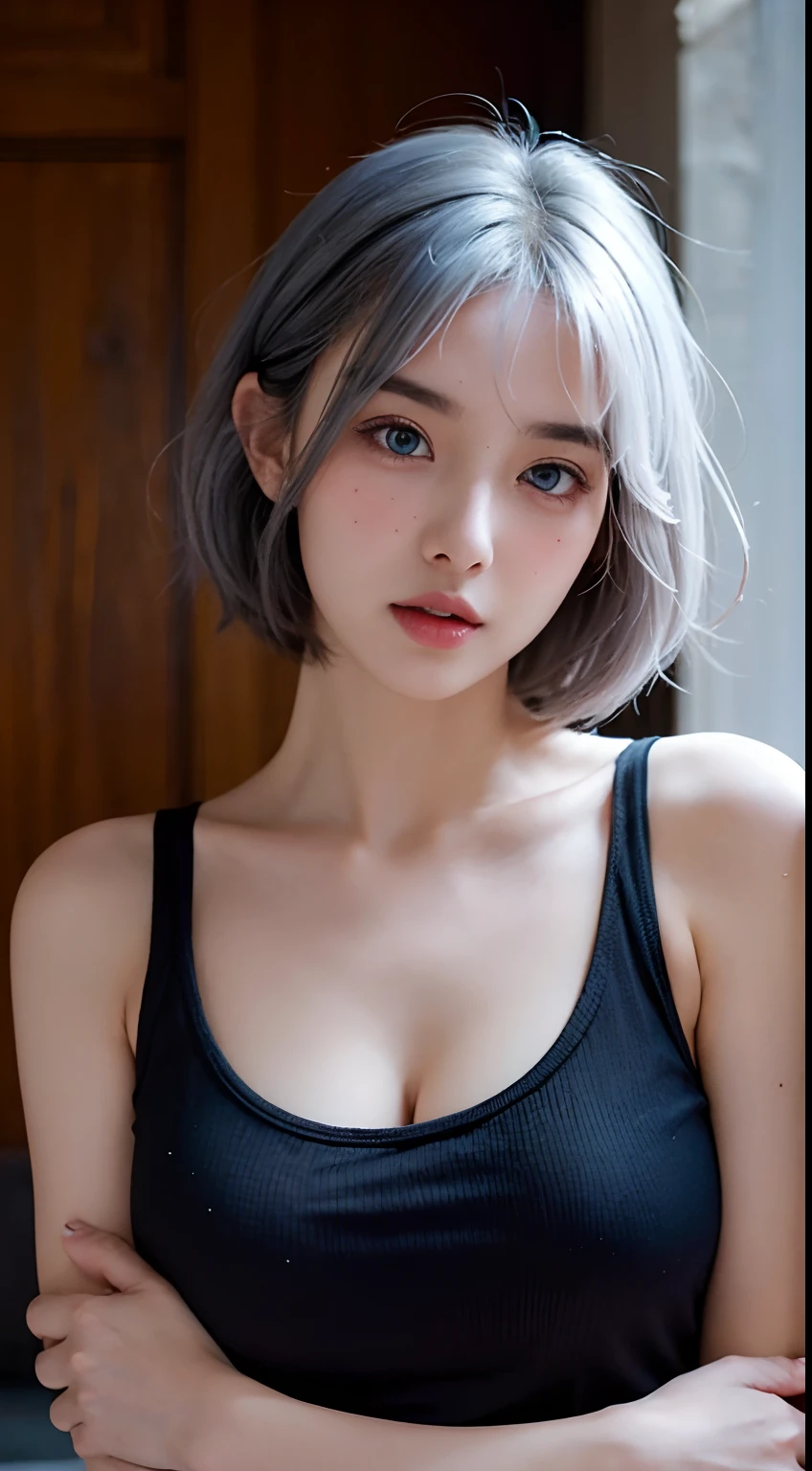 highest quality、Ultra - High resolution、(realistic)、18 year old girl、short hair、All Back Hairstyle、((((Blouse Open))))、((((I can see the nipples)))),hyper detail、超realistic、(Photoreal)、Detail beautiful skin、(masterpiece:1.0)、(highest quality)、(Super high resolution)、8K resolution、Canon EOS R5、135mm、absurd、super detailed、sharp focus、fine skin texture、(((Chirarism)))