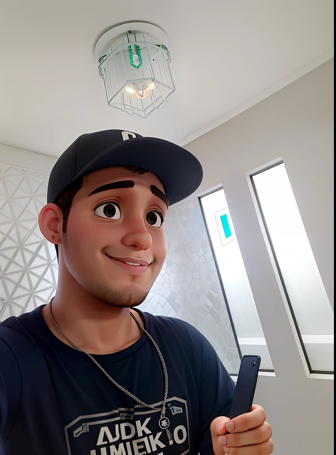 Um jovem loiro parado na frente fazendo selfie, iluminado por um lustre de pendulo, contra o pano de fundo de um lustre