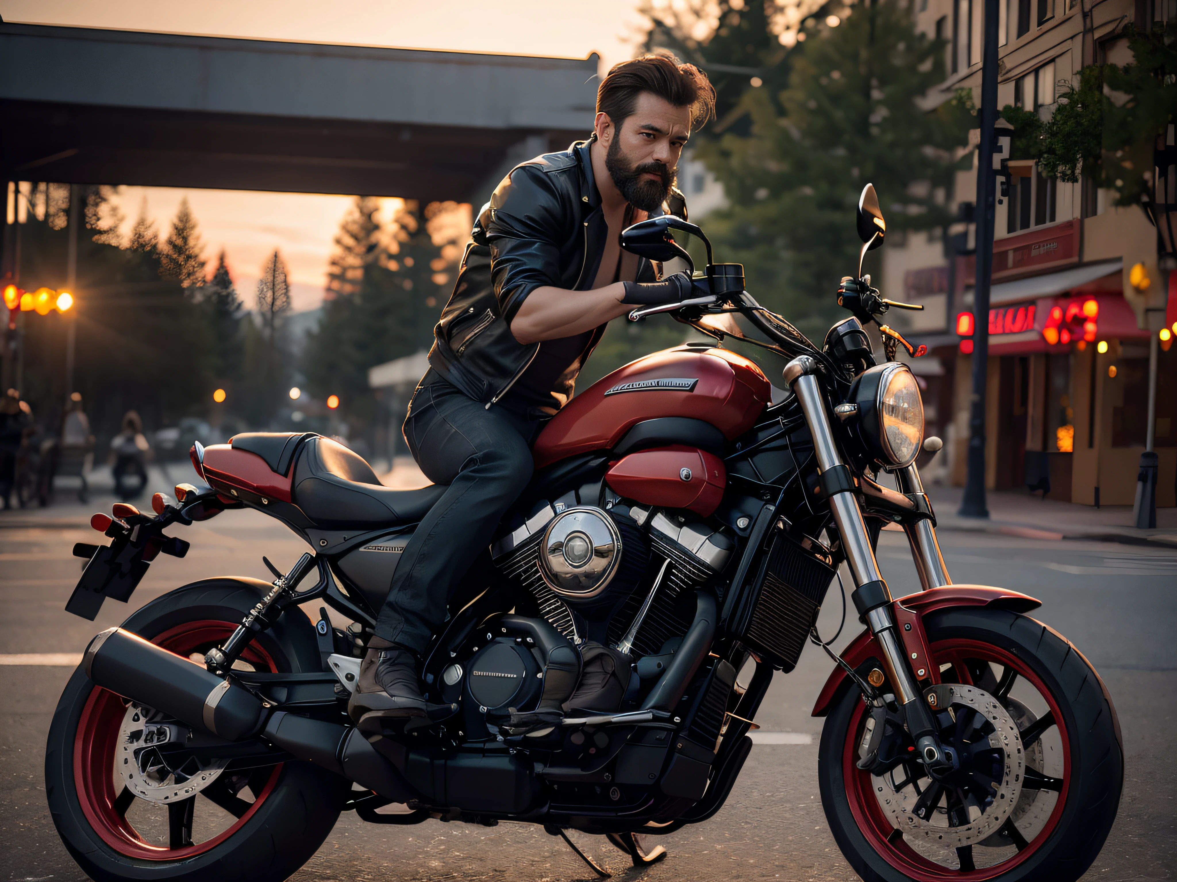 Muscular man standing on Whistler Square (BC - Canada), Wearing a biker leather jacket,Chest hair exposure. Wearing matte black leather biker pants. The man has a rugged body,Thick short hair,Beard,Full crotch,Harley-Davidson locomotive in the back,The image is realistic, Highly detailed. very high resolution, 8K rendering, Late afternoon,Sunset,beautifully lit. The city lights are on. The lighting is perfect, The scene is sharp, Extreme realism, Movie images.