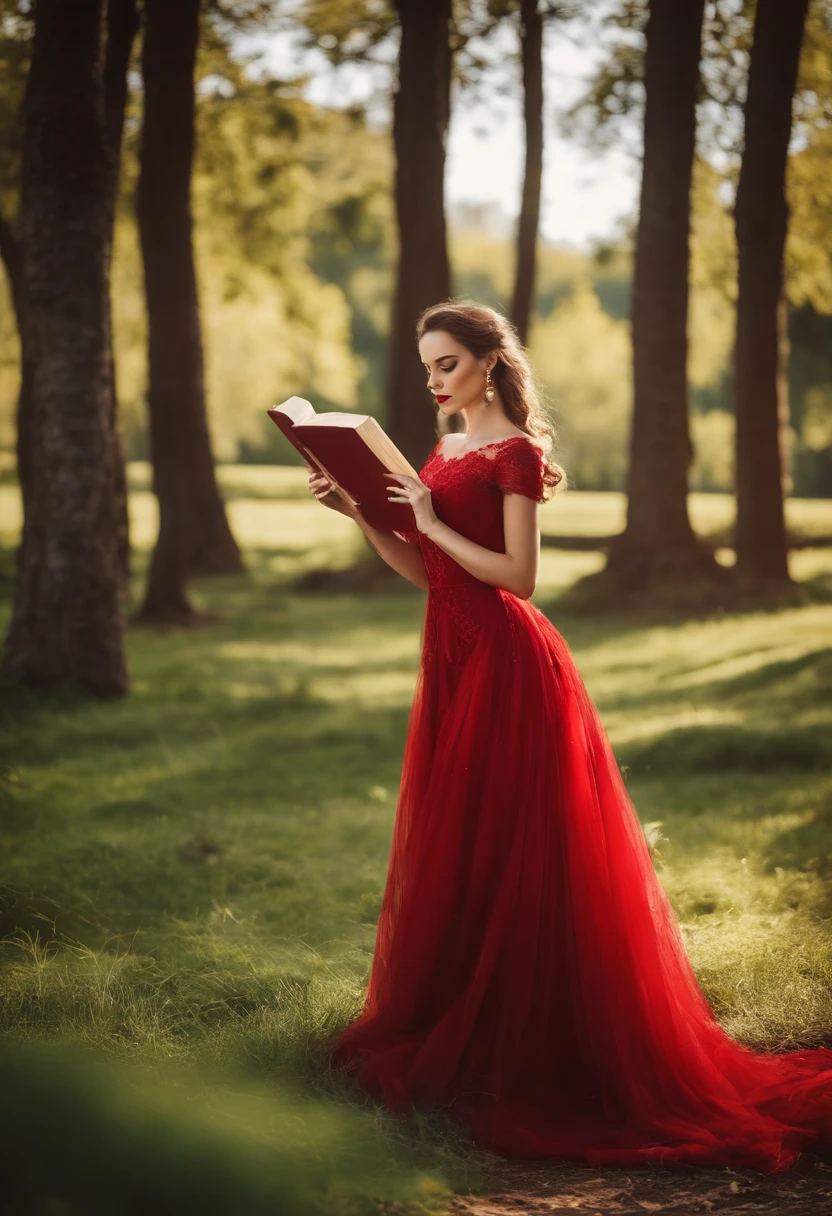 mulher de araffe em um vestido vermelho, Jovana Rikalo, Anna Nikonova aka Newmilky, usando um vestido vermelho, como uma escritora, em um mundo de fantasia, With a book and a pen in his hand, com uma paisagem de fantasia ao fundo, com personagens de fantasia em volta dela, In cartoon illustration style, 2D, escrevendo um livro, With a green grass on the ground, With a book and a pen in his hand, no estilo 2D
