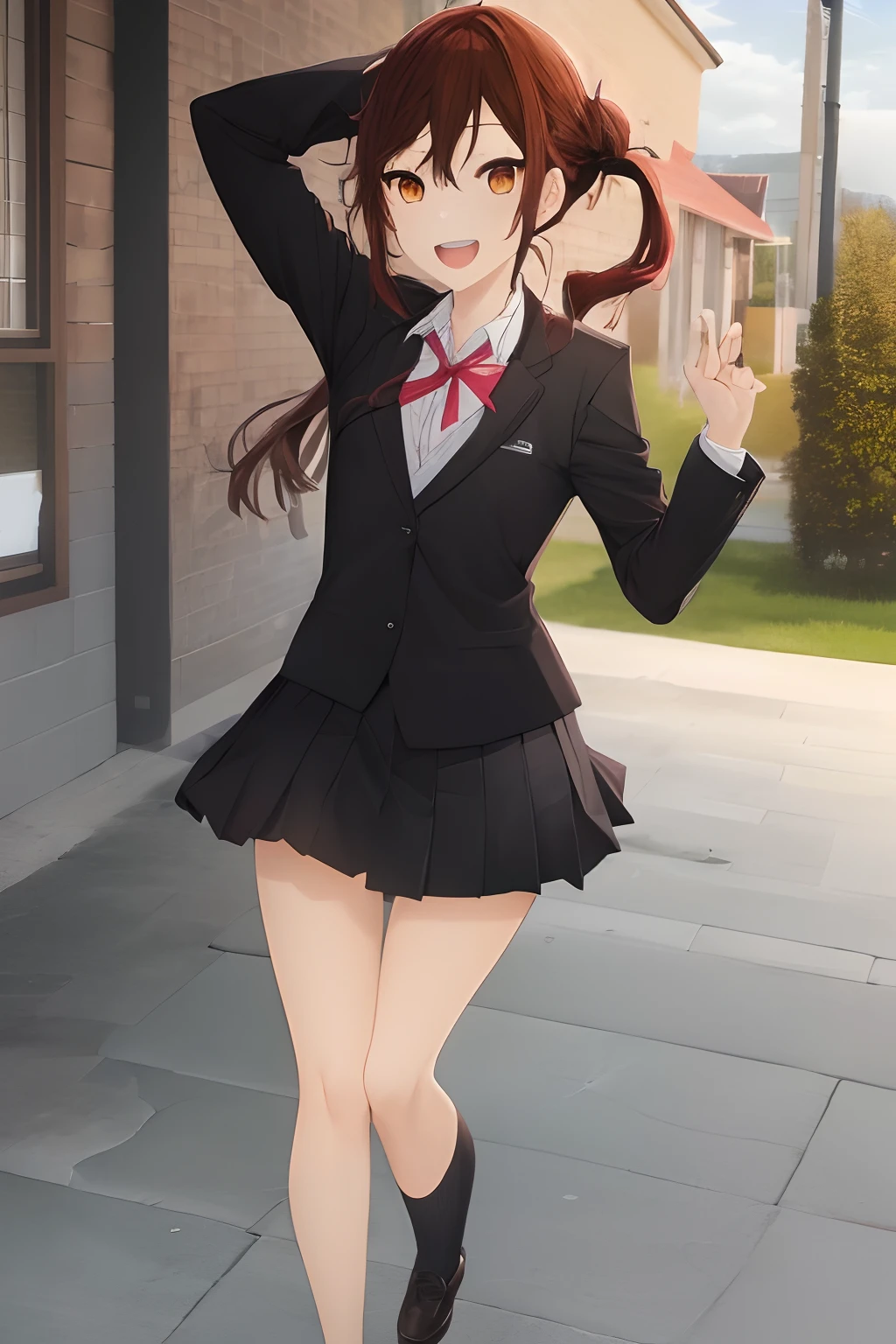 masterpiece, best quality, horikyouko, 1girl, high school girl, uniform, side braids, bare legs, full body, black skirt, black jacket, ((manga style)), smile, open mouth, teeth, at home,