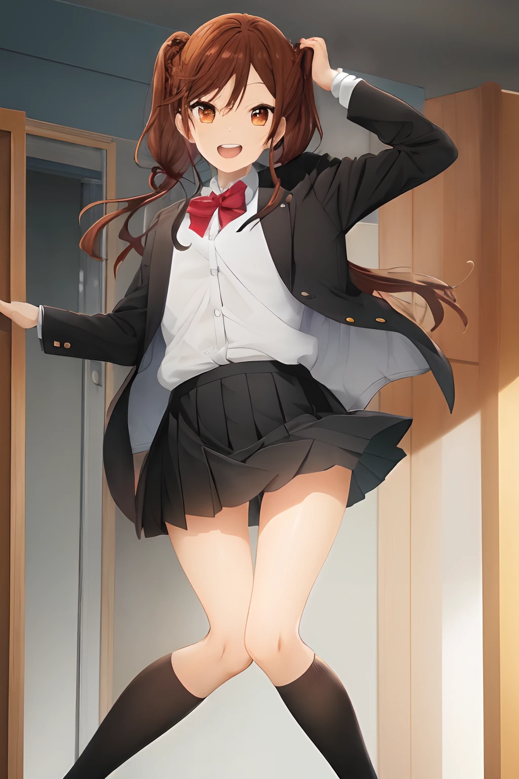 masterpiece, best quality, horikyouko, 1girl, high school girl, uniform, side braids, bare legs, full body, black skirt, black jacket, ((manga style)), smile, open mouth, teeth, at home,