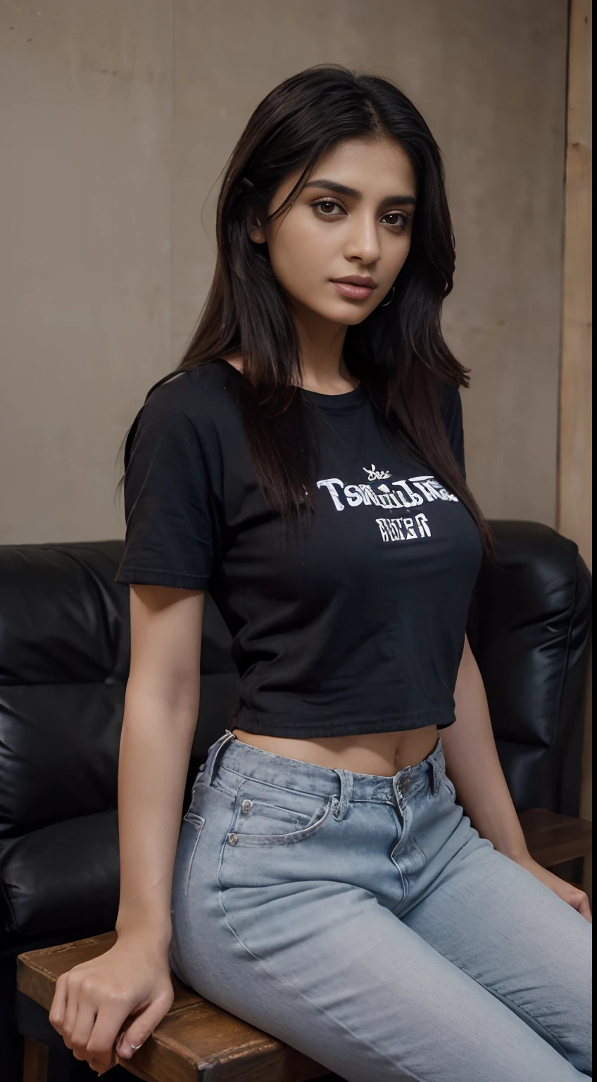 1 very beautiful Pakistani girl, mature beautiful Pakistani girl, wearing black basic teeshirt with skinny dark blue jeans, Botox lips, very moist skin and hair, firm breasts, dark black hair, long straight hair, wet peignoir, European youth, perfect body, photorealism trends, high-resolution details, raw photography, sharpness, uniqueness in d850 4, koda850 k 400 portrait camera, 1.6 lens, rich colors, hyperrealistic texture, spectacular lighting, a surprise to real art, the fashionable Cinestil 800 mechanism, sitting on a tall wood chair, very very beautiful feet's, perfact detailed feet fingers, showing in camera, no shoes in feet's. Wearing Anklets, Light grey studio, photoshoot, wearing black crew neck baggy tee-shirt, short sleeves, long length lose Teeshirt, Dark blue ankle fit skinny jeans, wide hips, very beautiful Pakistani 26 years old mature girl, spreed legs, fashion shoot staying.