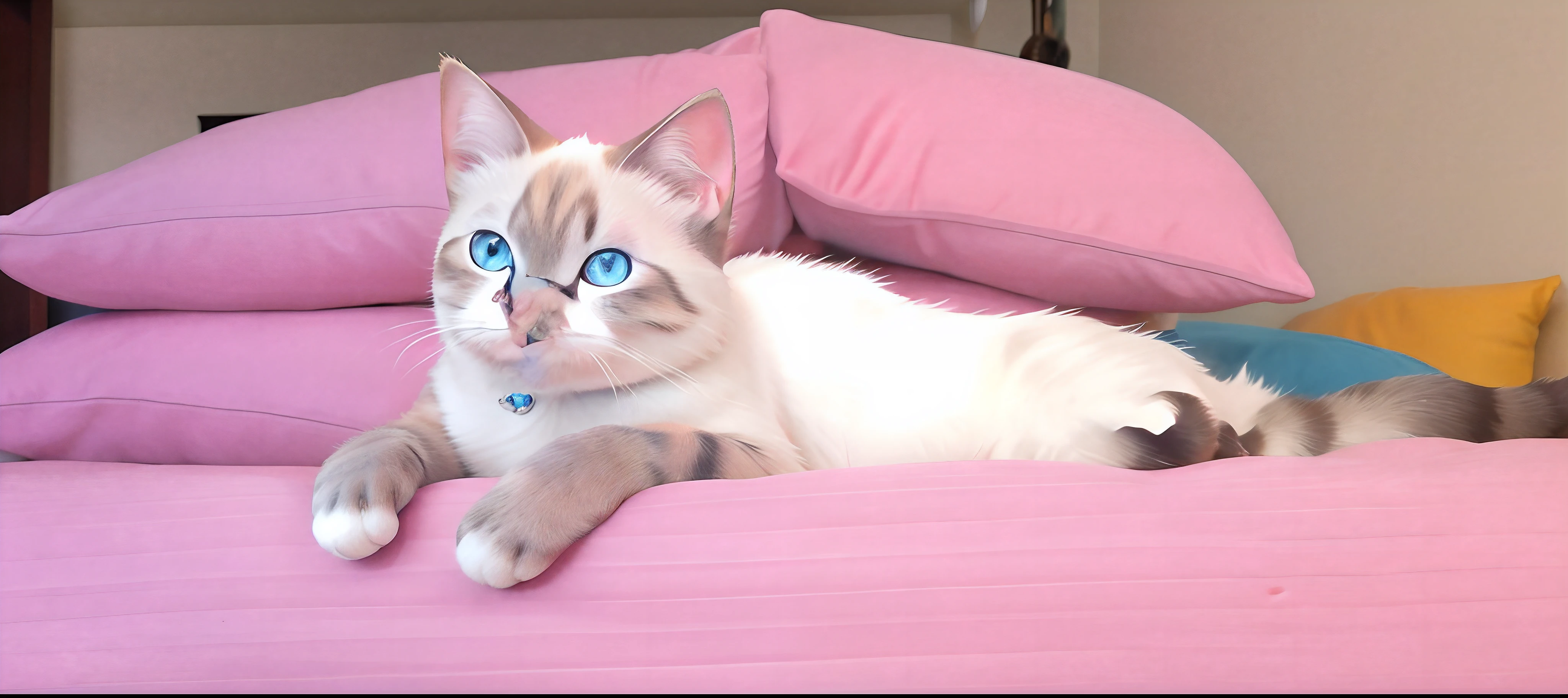 There's a cat that's lying on a bed with pillows, pale blue eyes!, olhos azuis, olhos azuis!, olhos azuis bonitos, Azul bonito - olhos, has two adorable blue eyes, Olhos azuis azuis, sitting on couch, olhos azuis!!, Pequenos olhos azuis, gato ragdoll, com olhos azuis, aesthetic siamese cat, olhos azuis