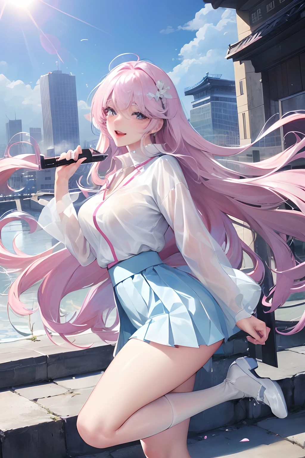 official art, masterpiece, sharp focus, (beautiful gorgeous cute korean woman:1.3), (beautiful cute korean woman:1.3), korean beauty, delicate and beautiful hair and eyes and face, realistic, super detailed, beauty girl, blue sky, glow white particles, (side light: 1.2), sunshine, white clouds, fine clouds, slender, pretty breasts and big buttocks, smile with teeth, ((laugh with eyes, open both eyes )), scenery, long straight hair, sexy look, buildings, (cityscape: 1.7), dynamic hair, long straight hair, detailed platinum pink hair, sparkling blue eyes, (blue pleated shirt + white skirt) , white long socks, white skin, hair ornaments, magnificent scenery,