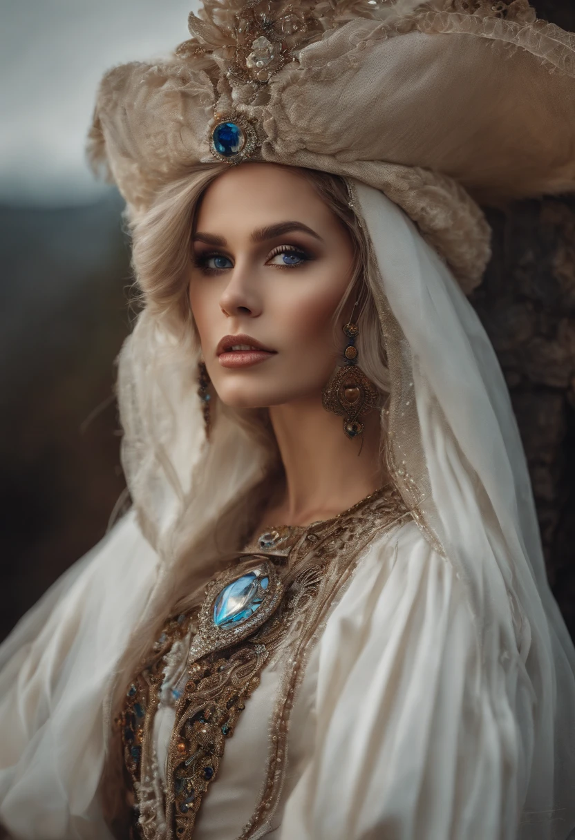 (master part), (obra de arte), (amazing work), (Olhos detalhados), (pele delicada), (heterochromatic eyes), (multicolorido), (cabelo branco curto com franja), (olhos brilhantes), (1girl) with a witch's hat, antigo, velho, usando roupas medievais extravagantes, master part, best quality, Melhor Desinger, best illustration