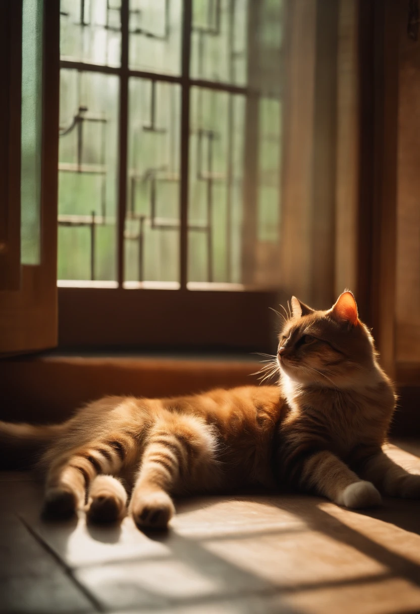 inside in room，A cat is lying on its stomach，窗帘，