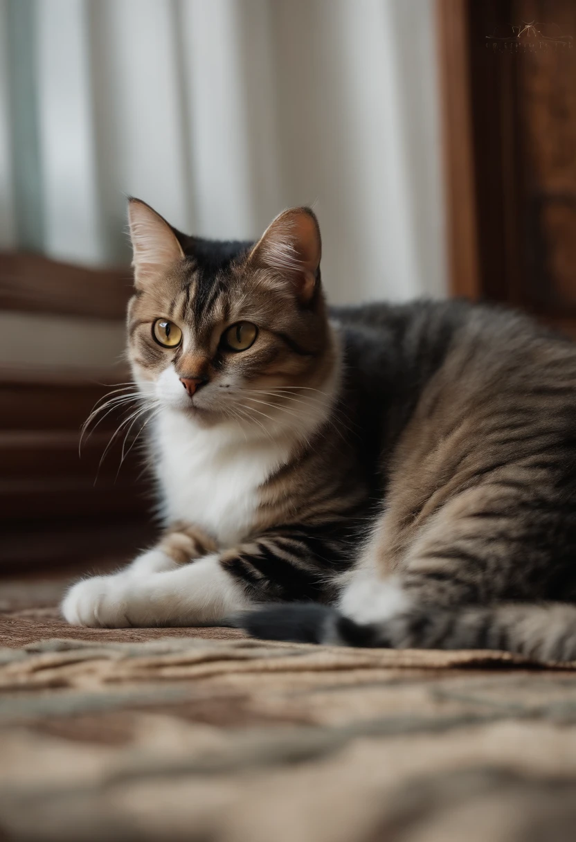 inside in room,A cat is lying on its stomach,窗帘,