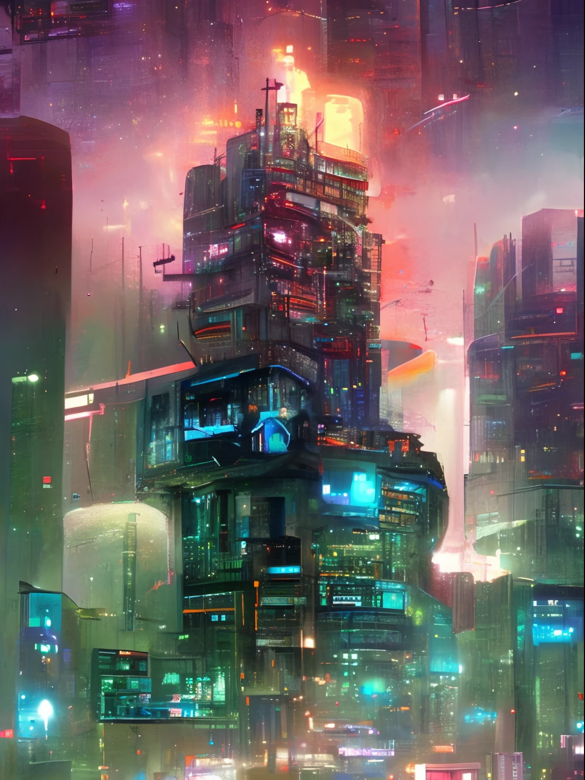 A dystopian whimsy cyber punk city in high resolution: best quality,4k,8k,highres,masterpiece:1.2,ultra-detailed,realistic,photorealistic:1.37,dystopian,whimsy,cyber punk city,detailed,gritty,neon-lit,night scene,gloomy atmosphere,advanced technology,futuristic architecture,crumbling buildings,overgrown vines,billowing smoke,glowing holograms,flying cars,hovering drones,reflective surfaces,graffiti-covered walls,packed streets,shadowy figures,deep alleys,dark corners,suspenseful ambiance,contrast of colors,blurred motion,emerging steam,Cyberpunk Noir aesthetics,lively nightlife,vibrant street life,electric energy,vivid colors,harsh light sources,sharp edges,dramatic perspectives,industrial elements,haunting beauty,atmospheric rainy weather,towering skyscrapers,detailed cityscape,multiple levels,complex infrastructure,night sky filled with floating advertisements,high-tech surveillance,imposing structures,rebel hackers,glitch effects,retro-futuristic fashion,cybernetic enhancements,exaggerated proportions,pop of vivid neon lights,punk fashion style,social disparities,decay and beauty coexisting.